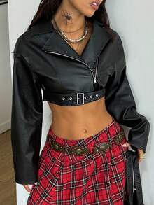 Coolane 女士秋季演唱会街头风格垃圾摇滚嬉皮士服装毛皮拉链宽松短款赛车夹克 - 黑色 - 查看 4