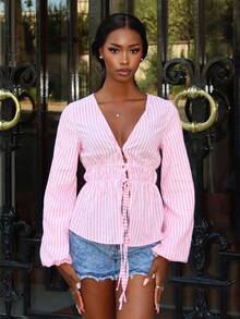 Women's Striped Lace Up Long Sleeve Shirt, Minimalist Style Suitable For Summer - Pink - View 3
