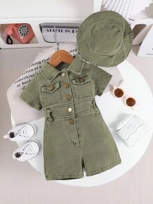 SHEIN 女婴优雅休闲牛仔短袖连体衣，带渔夫帽，夏季服装 - 軍綠色 - 查看 1