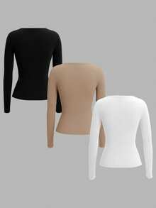 SHEIN EZwear 3 Set 3-Color Black, White, Khaki Plus Size Women Knitted T-Shirt, Suitable For Autumn/Winter Fall - Multicolor - View 2