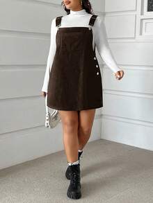 SHEIN EZwear 大尺碼燈芯絨背帶連身裙，初秋全白巧克力棕色吊帶裙，女款秋季正式派對早午餐休閒優雅連身裙 - 棕色 - 查看 6