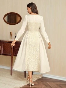 Vintamour Vintage Classic Elegant Women's Dress, Fitted Patchwork Jacquard Long Sleeve Dress, Apricot Color, Suitable For Autumn/Winter Modest Long Sleeve Dress Elegant Long Sleeve Dress Winter Clothes For Women Women Dresses Autumn Winter New Year Dress White Dress New Year New Year Women's Clothes White Dresses, Party Dress, Prom Dress, Wedding