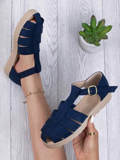 Sandalias tipo huarache de moda para dama con acabado suavizado tipo ante estilo casual, punta redonda, correa con hebilla, suela tipo trenzada, para uso diario y paseos