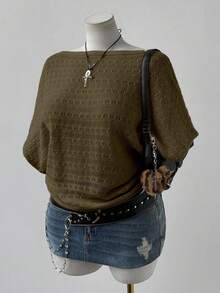 Flirla Plus Size Women's Fashionable & Elegant Bohemian Style Hollow Out Short Sleeve Loose Knit Top, Suitable For Vacation, Suitable For Spring, Summer, Autumn - Army Green - View 4