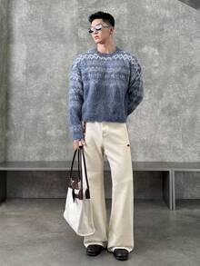 SWAVVY 男士几何图案圆领宽松羊毛衫，适合秋冬季节和圣诞节穿着。 - 灰色 - 查看 1