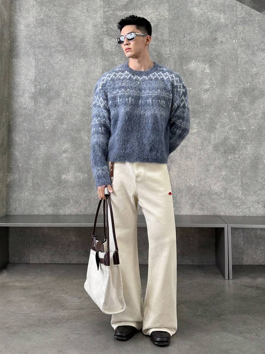 SWAVVY 男士几何图案圆领宽松羊毛衫，适合秋冬季节和圣诞节穿着。 - 灰色 - 查看 1