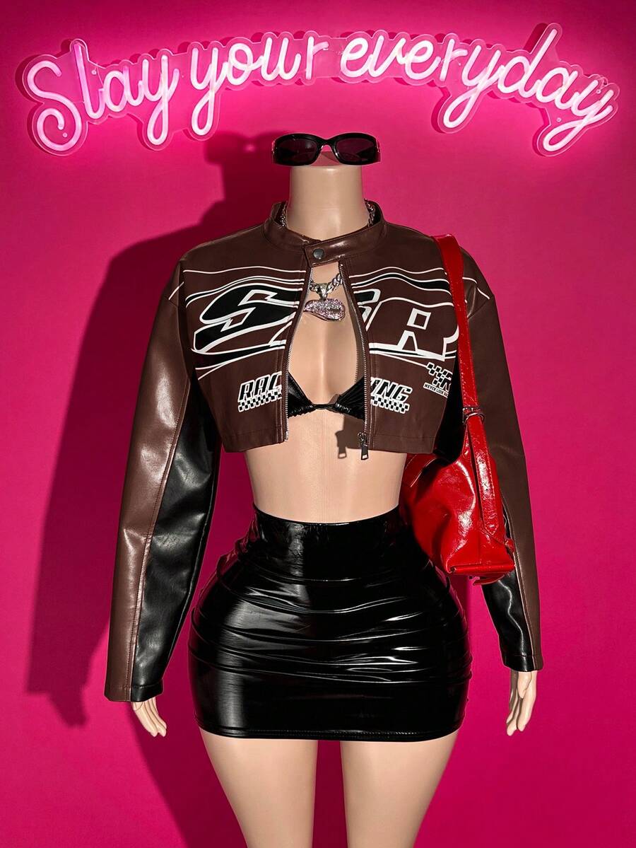 Slaydiva 秋冬休闲街头机车风圆领长袖露肩超短款黑红PU女装外套 - 棕色 - 查看 1