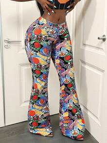 Slaydiva Women's Basketball Graphic Flared Casual Jeans - Multicolor - View 4