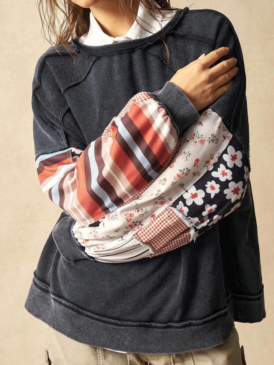 Bohemela Women's Casual Patchwork Raglan Sleeve Sweatshirt In Fall/Winter - Multicolor - View 1