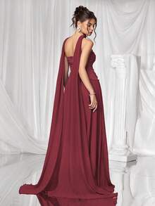 Coutiva Váy dạ hội sang trọng, váy dạ hội thanh lịch với họa tiết ngọc trai giả, phong cách tiếp viên cao cấp - Màu Đỏ Sâu - Xem 2