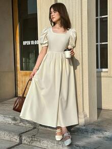 SHEIN Elegant Pink Dress For Teen Girls, Square Neck Bow Decor Ruffle Puff Sleeve, Ruffle Waist Dress - Apricot - View 6