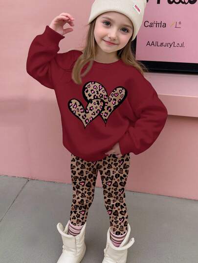 SHEIN Happikins Young Girl Leopard Heart Pattern Casual Crew Neck Long Sleeve Sweatshirt And Leggings 2 Pieces Set, Suitable For Autumn/Winter Fall