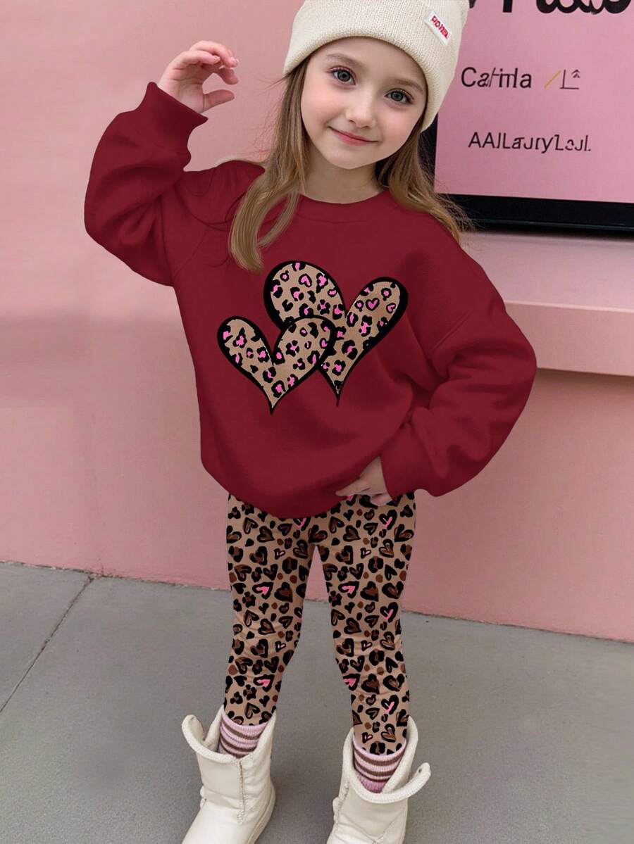SHEIN Happikins Young Girl Leopard Heart Pattern Casual Crew Neck Long Sleeve Sweatshirt And Leggings 2 Pieces Set, Suitable For Autumn/Winter Fall - Multicolor - View 1