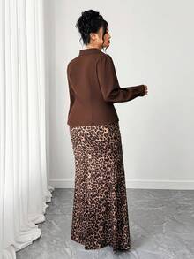 Elenzga Plus Size Women's Fashion Casual French Retro Elegant Ruched Blouse And Leopard Print Fishtail Skirt 2 Pieces Set Fall - Brown - View 2