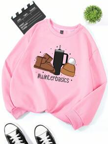 INAWLY Sweatshirt Fleece Kasual Lengan Panjang Leher Bulat Motif Huruf untuk Wanita, Musim Gugur/Dingin - Berwarna merah muda - View 6