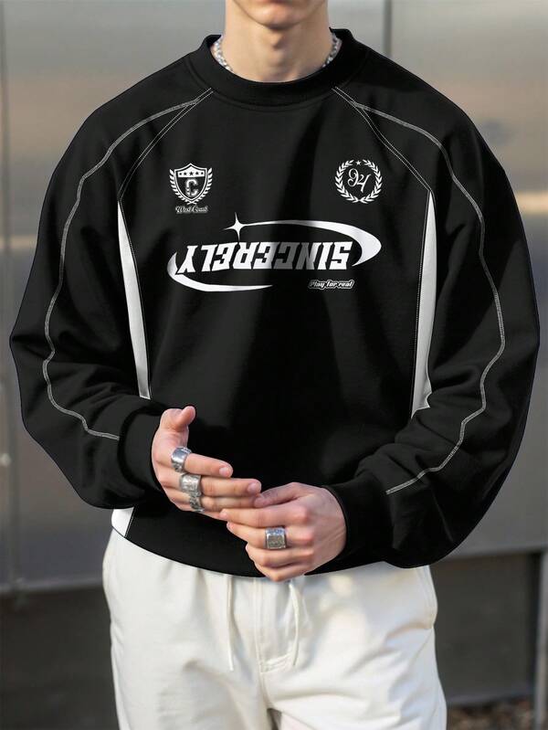 PAVTROS Sudadera con capucha de contraste de color y estampado de letras para hombres Manfinity Streetrush, sudadera gráfica para hombres, top de manga larga, top vintage de hip hop, otoño