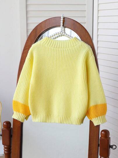 SHEIN Vintaside Kids 1pc Soft, Skin-Friendly, Durable, Anti-Pilling Cute 3D Bee & Flower Decor Vibrant & Adorable Yellow Crew Neck Sweater, Contrast Yellow Sleeve Design, Lightweight Autumn/Winter Girls Sweater, Versatile For Daily, Casual, School, Shopping Occasions Fall