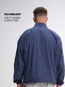 Men Letter Print Stand Collar Pocket Zip-Up Long Sleeve Jacket, Fall - Blue - View 2