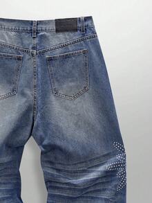 NEON BLANC Rhinestone Embellished Flared Leg Casual Jeans - Blue - View 7