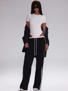 MUSERA Contrast Stripe Binding Slinky Fitted Short Sleeve Bodysuit Cute Autumn Fall Teacher Back To School Casual Work Streetwear Sporty Work Wear Corporate Run  Evening Spring - White - View 5