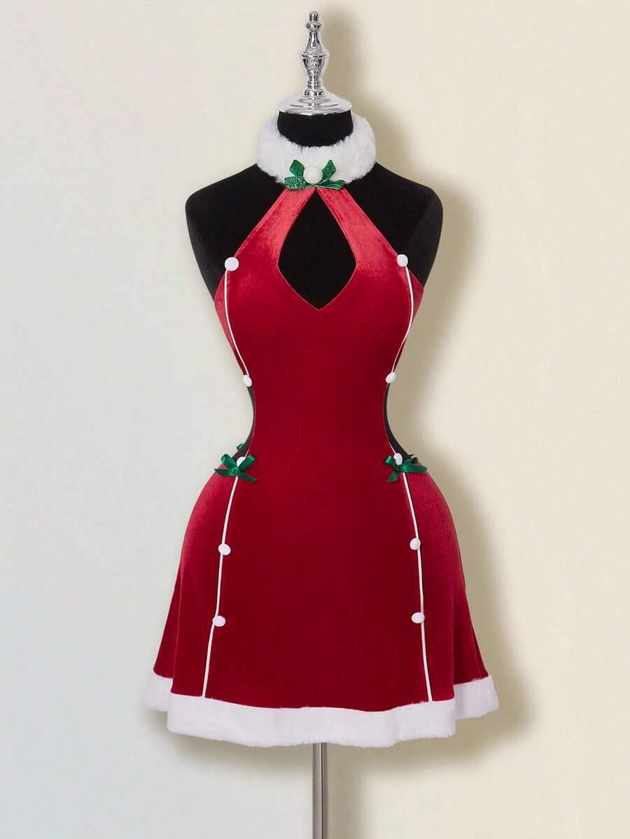 SHEIN ICON Christmas Hollow Out Contrast Color Fuzzy Patchwork Backless Mini Dress For Women,Fall/Winter Christmas Party Dress - Red - View 1