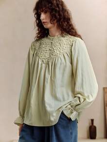EMERY ROSE Women's Linen Fabric, Loose Fit, Heavy-Duty Aircraft Pleated Patchwork Design, Daily Commuting Top Fall Clothes For Women Saudi National Day Going Out Tops For Women Going Out Tops Autumn Women - Green - View 4