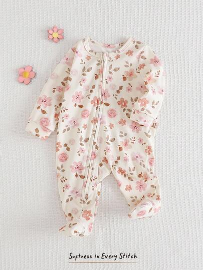 Cozy Pixies Baby Girl Ditsy Floral Soft Knit Crew Neck Long Sleeve Romper Newborn Baby Pjs Girl Jumpsuit Sets Baby Girl Bamboo Fiber Zip Up Wildflower Baby Clothes Baby Girl Bamboo Pajama Baby Floral Romper Fall Winter