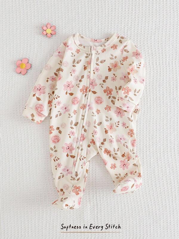 Cozy Pixies Baby Girl Ditsy Floral Soft Knit Crew Neck Long Sleeve Romper Newborn Baby Pjs Girl Jumpsuit Sets Baby Girl Bamboo Fiber Zip Up Wildflower Baby Clothes Baby Girl Bamboo Pajama Baby Floral Romper Fall Winter