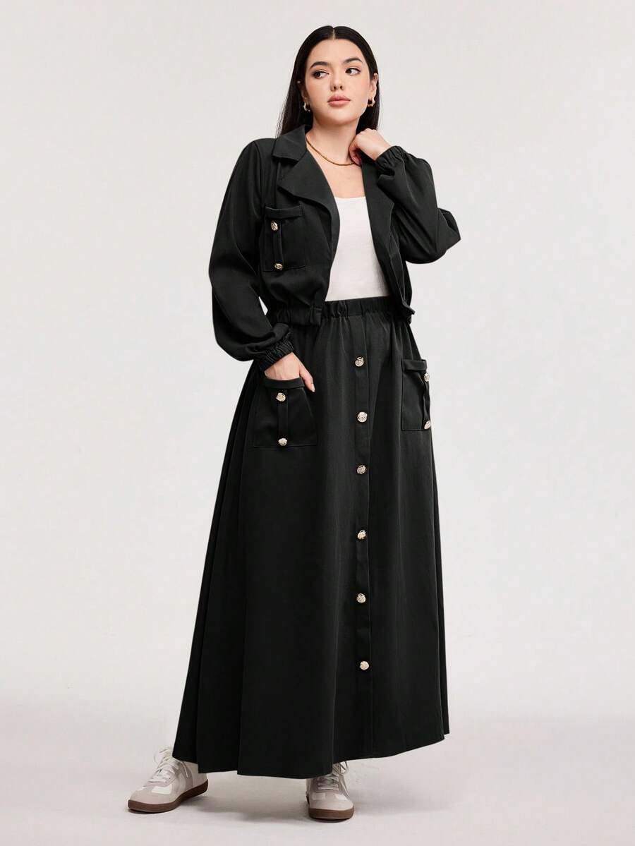 Veilorie Zestaw 2 szt.: Kurtka robocza z kieszeniami, stójką i spódnicą marszczącą talię, codzienny zestaw biurowy 2 szt. - Czarne - Zobacz 1