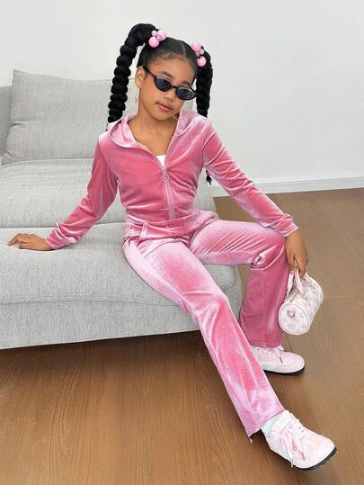 SHEIN 青少年女孩天鹅绒连帽衫和运动裤套装，休闲运动服