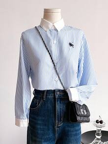 Japanese Sweet Preppy Style Button Up Shirt For Girl, Spring/Autumn Unique Design Blue Striped Long Sleeve Blouse Layering Outerwear Fall Winter