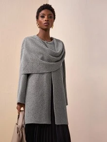 Zivah 2025 Novo Lançamento Outono/Inverno, Festival de Música, Temporada de Formatura, Estilo Universitário, Vestuário Estudantil, Casual Diário, Versátil Combinável, Lazer, Praia, Streetwear, Elegante para Ir e Voltar do Trabalho, Casaco Longo de Tricô de Gola Redonda de Manga Longa com Lenço, Sobretudo Cinza - Cinza - Visão 7