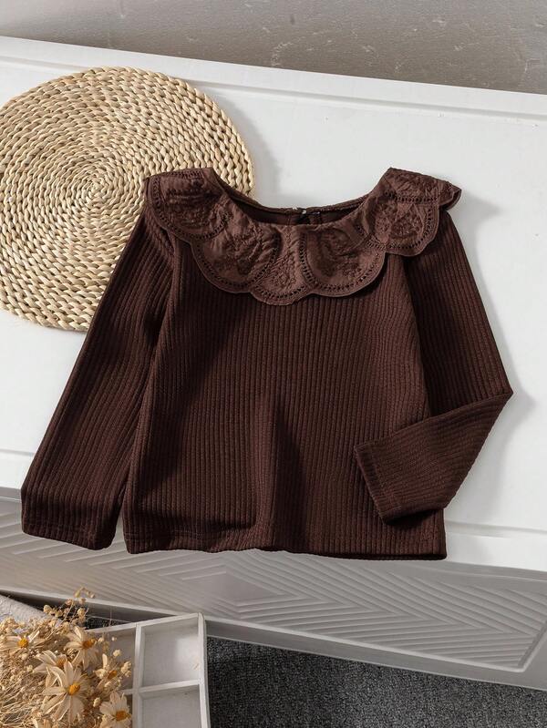 Genkimix Kids Girls Ribbed Fabric Long Sleeve T-Shirt With Lace Trim Collar, Comfortable Casual Elegant Fashion, Suitable For Spring, Autumn, Winter Fall