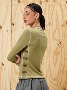 COUREZ Long Sleeve Top With Contrasting Seams And Buckle Details /Y2K Going Out Outfits Winter Clothes Fall Clothes For Women Winter Clothes For Women Going Out Tops