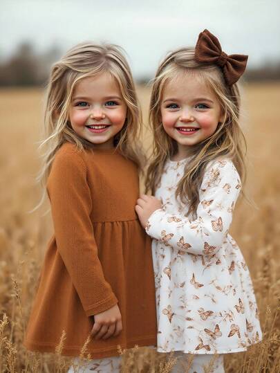 SHEIN Vintaside Kids 2 件女童秋冬连衣裙套装 - 白色蝴蝶印花连衣裙 + 纯棕色长袖公主裙