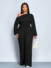 SOLERSUN Plus Size Women Summer Black Winter Smart Casual Dinner Two Pieces Set,Asymmetrical Shoulder Long Sleeve Drawstring Top & Slim  Micro Flared Pants Set - Black - View 4