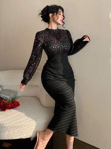 DAZY Đầm casual dáng ôm eo, họa tiết chấm bi thanh lịch, phối lưới, thích hợp cho đám cưới, tiệc tùng, dạ hội, tay dài, dài ngang gối, trang phục mùa xuân/hè/thu đính sequin, đầm lấp lánh cho lễ hội năm mới dành cho nữ. - màu đen - Xem 5