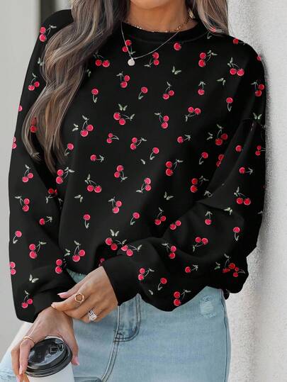 EMERY ROSE Early Autumn Casual Cherry Print Plus Size Women Crew Neck Long Sleeve Loose Sweatshirt, Suitable For Fall/Winter, Back To School, Homecoming