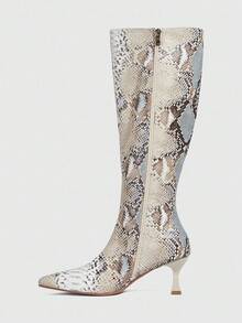 CUCCOO SZL 女士时尚尖头蛇皮图案简约优雅百搭侧拉链细高跟及膝靴 - 彩色 - 查看 9