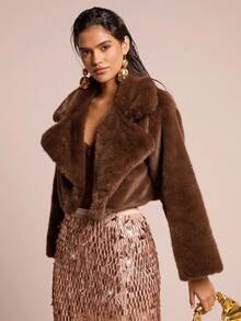 Glamine Retro Coffee Mink Collar Cropped Jacket - Coffee Brown - View 1
