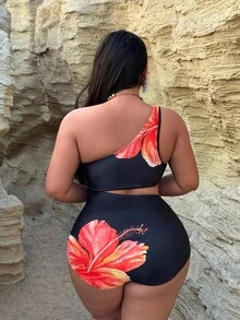 Swim SXY Plus Size Women 1pc Women One-Piece Swimsuit, Asymmetric Shoulder, 1 Piece Sets Woman,Solid Color Patchwork Printed, Sleeveless, Casual & Comfortable For Holiday Swimming Plus Size Woman