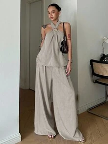 DAZY Bộ 2 món gồm áo và quần cổ điển, thoải mái và thanh lịch cho đầu mùa hè - Màu be - Xem 4