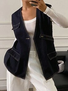 DAZY 女式V领无袖宽松都市休闲牛仔背心 - 深色水洗藍 - 查看 2