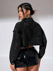 SHEIN ICON Plus Size Casual Washed Frayed Hem Cropped Denim Jacket - Black - View 3