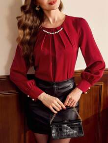 Vintamour Vintage Elegant Women Pearl Chain Pleated Long Sleeve Blouse Work Vacation Party Cocktail For Women For Women For Women For Women Christmas Women Christmas Women's Elegant Blouses For Women Burgundy New Year Valentine Spring - Red - View 1