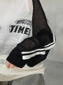 FRIFUL Women's Letter Print Sporty Contrast Stripe Patchwork Knit Top - Black - View 8