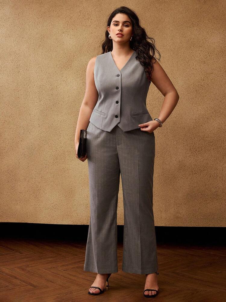 PLUS SIZE STRIPED PRINT SLANT POCKET FLARE SUIT PANTS