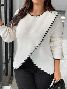 Vionelle Plus Size Casual White Knit Pullover Sweater With Contrasting Trim, Comfortable, Suitable For Work, Elegant White Sweater Women Sweater Contrast Stitch Sweater Cute Sweater Sweater Top Winter Fall Autumn