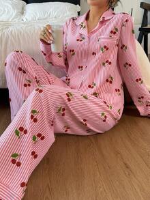 Dream Adore Striped Cherry Print Lapel Long Sleeve Top & Long Pants Women Pajama Set, Fall Winter Clothes