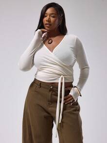 MUSERA Plus Ballerina Wrap Around Long Sleeve Top Cute Elegant Classy Fall Autumn Casual Lounge Top For Women Curve Butterscotch Autumn Winter Fall